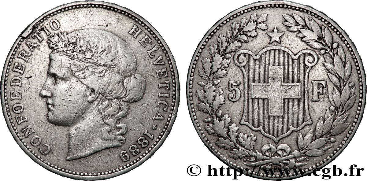 SUISSE 5 Francs Helvetia 1889 Berne TB+ 