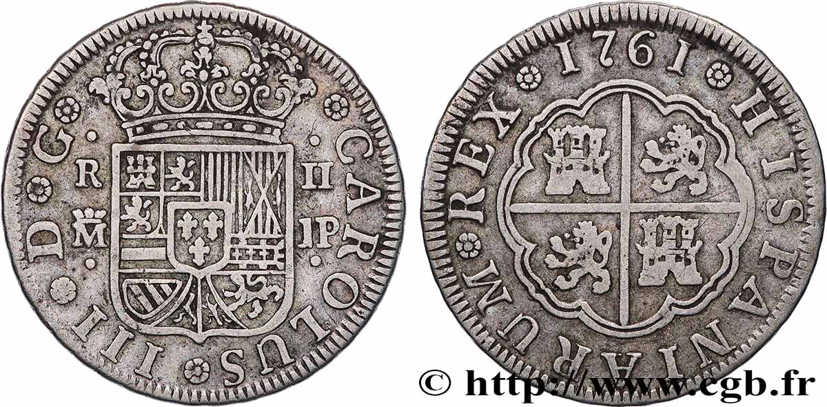 SPAIN - KINGDOM OF SPAIN - CHARLES III 2 Reales  1761 Madrid XF 