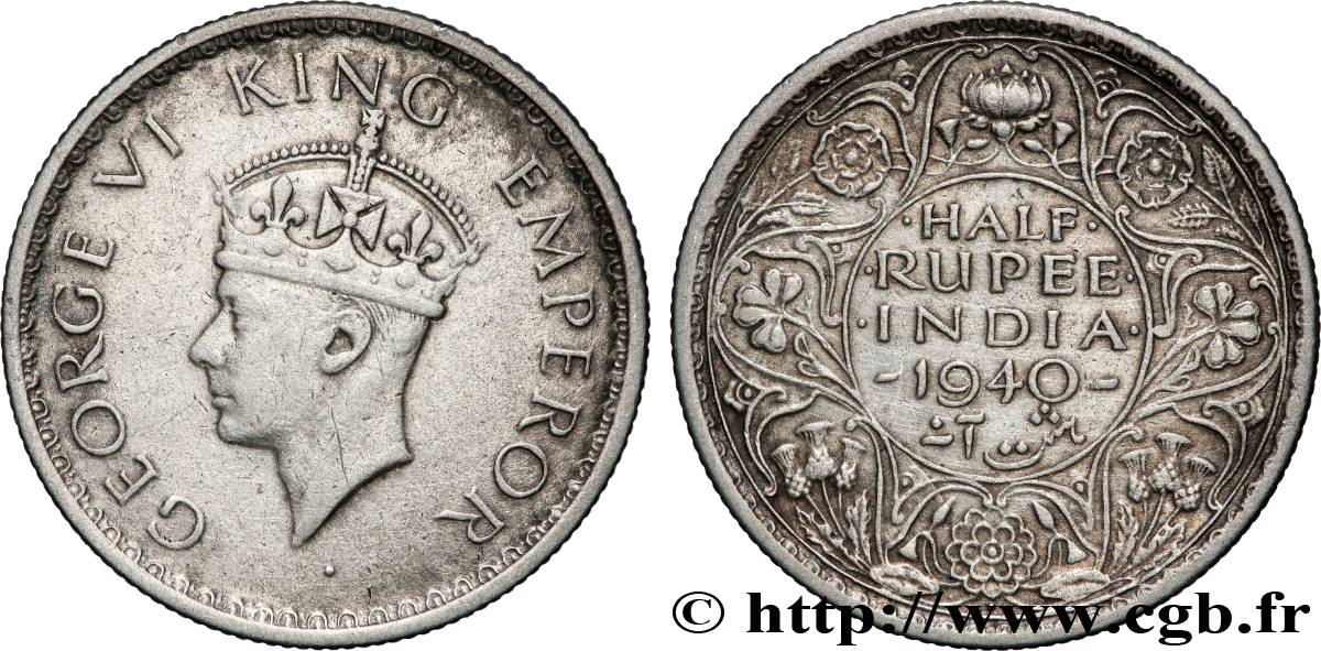 BRITISH INDIA 1/2 Rupee (Roupie) Georges VI couronné 1940 Bombay XF 