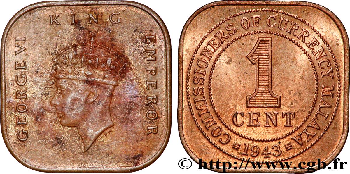MALAISIE 1 Cent Georges VI 1943  TTB+ 