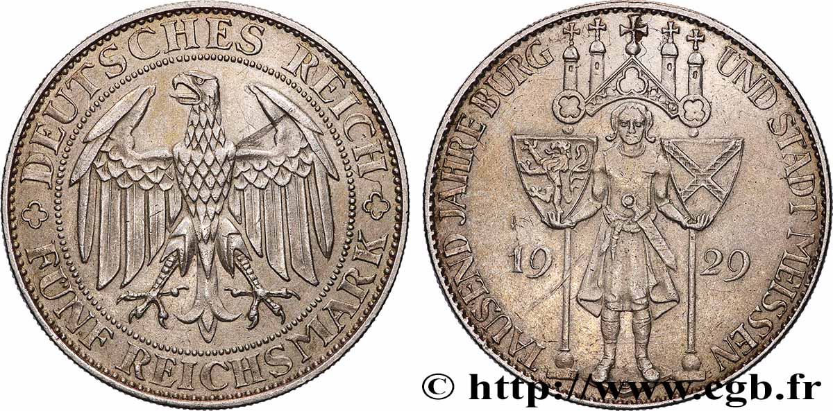 GERMANY 5 Reichsmark 1000e anniversaire de Meissen 1929 Muldenhütten AU 