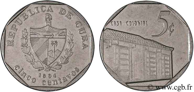 CUBA 5 Centavos (Peso convertible) maison coloniale 1994  MBC 