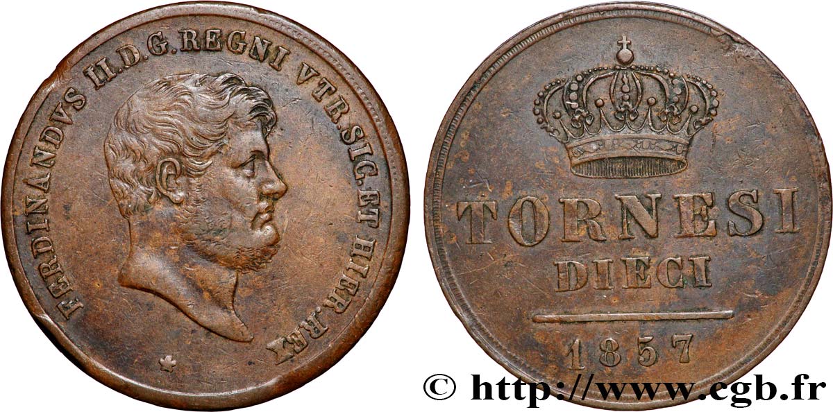 ITALIEN - KÖNIGREICH BEIDER SIZILIEN - FRANZ II. 10 Tornesi  1857 Naples SS 