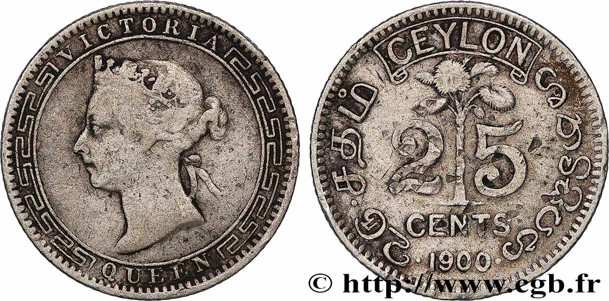 CEYLAN 25 Cents Victoria 1900 Londres TB 