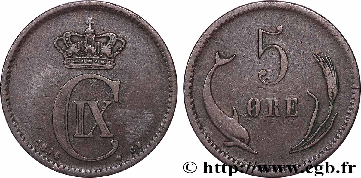DÄNEMARK 5 Ore Christian IX 1874 Copenhague SS 