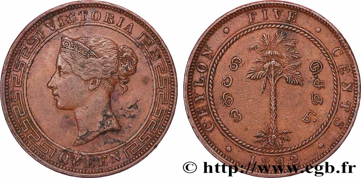 CEYLAN 5 Cents Victoria 1892 Calcutta TB+ 