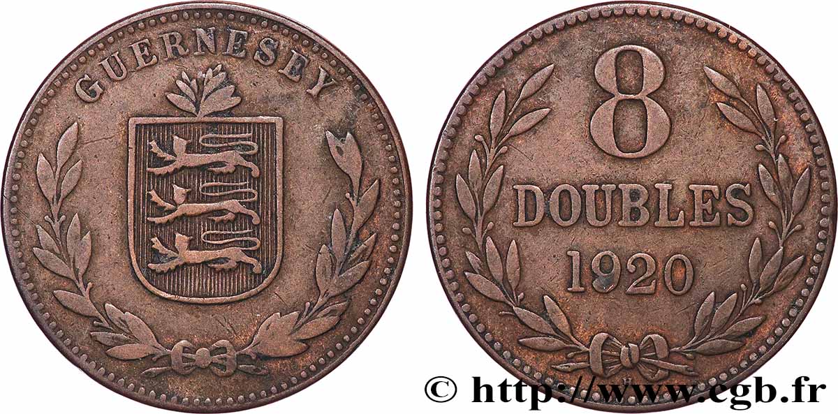 GUERNESEY 8 Doubles armes du baillage de Guernesey 1920 Heaton TTB 