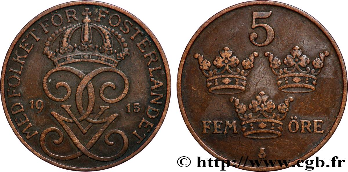 SUÈDE 5 Ore Gustave V 1915 Kungsholmen TTB 