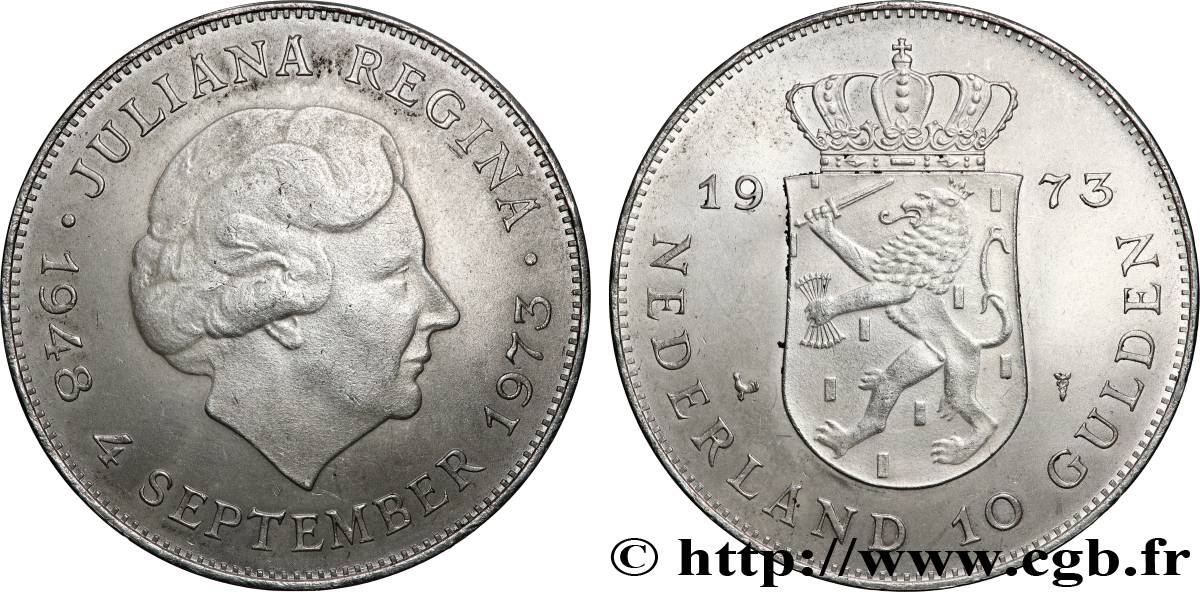 NIEDERLANDE 10 Gulden 25e anniversaire de règne, reine Juliana 1973 Utrecht VZ 