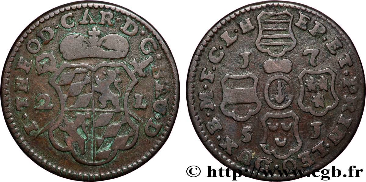 BELGIQUE - PRINCIPAUTÉ ÉPISCOPALE DE LIÈGE 2 Liards au nom de Jean-Théodore de Bavière 1751  TTB 