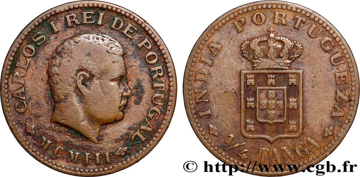 PORTUGIESISCH-INDIEN 1/4 Tanga Charles Ier (Carlos) 1903 Lisbonne fSS 