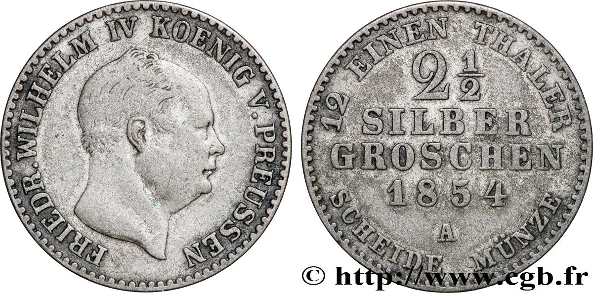 ALLEMAGNE - PRUSSE 2 1/2 Silbergroschen Frédéric Guillaume IV 1854 Berlin TB+ 