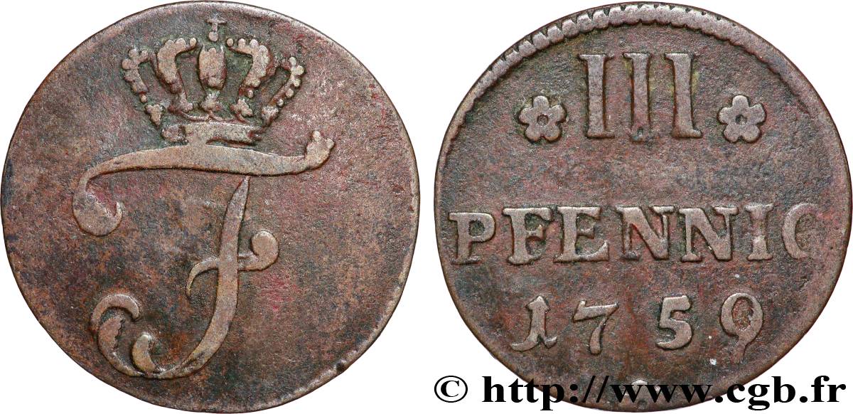 ALLEMAGNE - GRAND DUCHÉ DE MECKLEMBOURG-SCHWERIN 3 Pfennig Friedrich II 1759  TB+ 