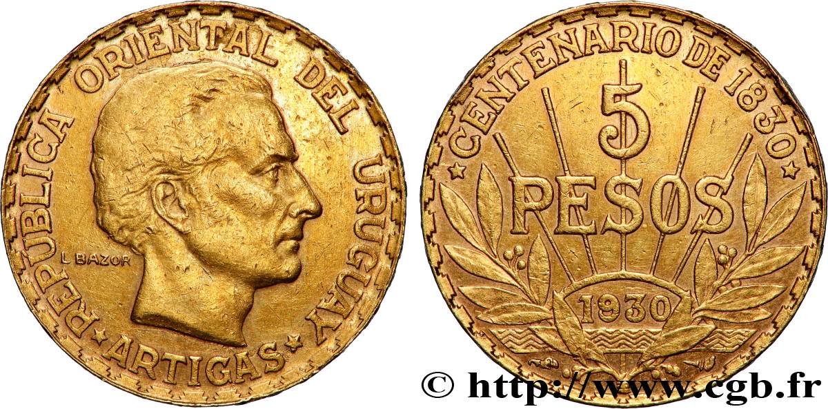 URUGUAY 5 Pesos Centenaire de la constitution 1930 Paris TTB+ 