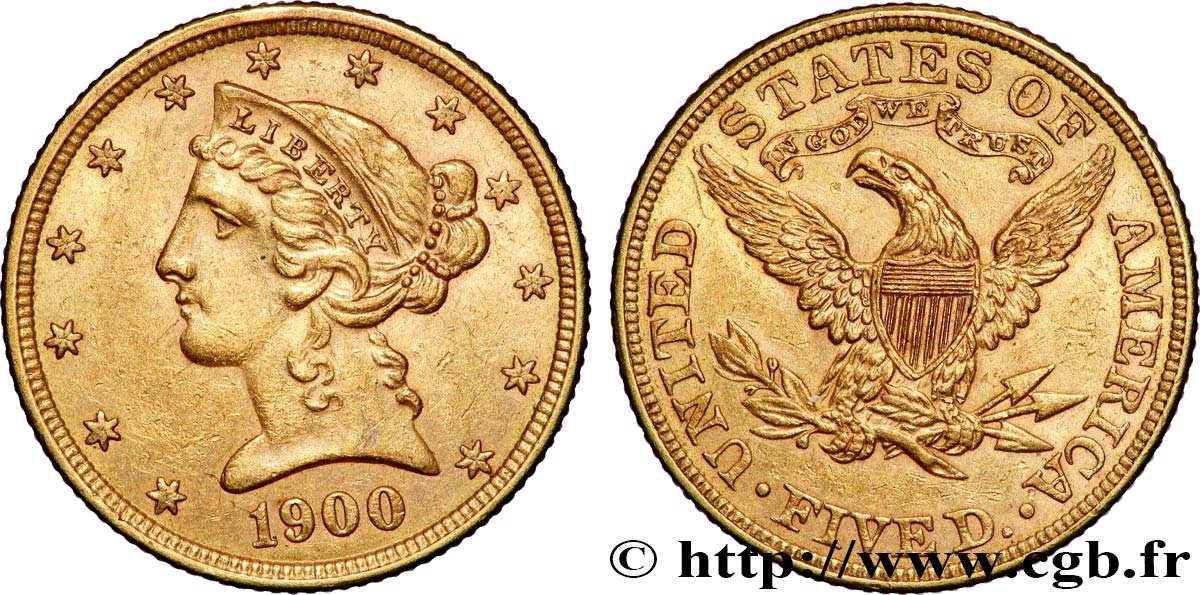 ÉTATS-UNIS D&nbsp;AMÉRIQUE 5 Dollars &nbsp;Liberty&nbsp; 1900 Philadelphie TTB+ 