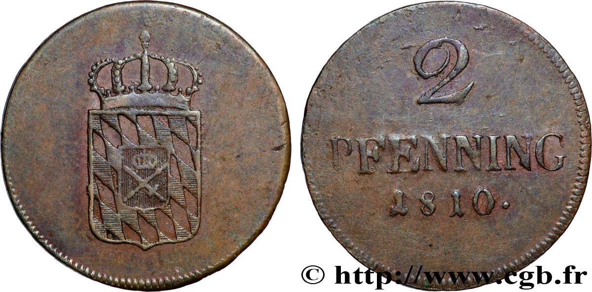 DEUTSCHLAND - BAYERN 2 Pfennige Royaume de Bavière, écu couronné 1810 Munich fSS 