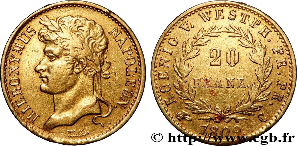 ALLEMAGNE - ROYAUME DE WESTPHALIE - JÉRÔME NAPOLÉON 20 Franken 1809 Cassel TTB 