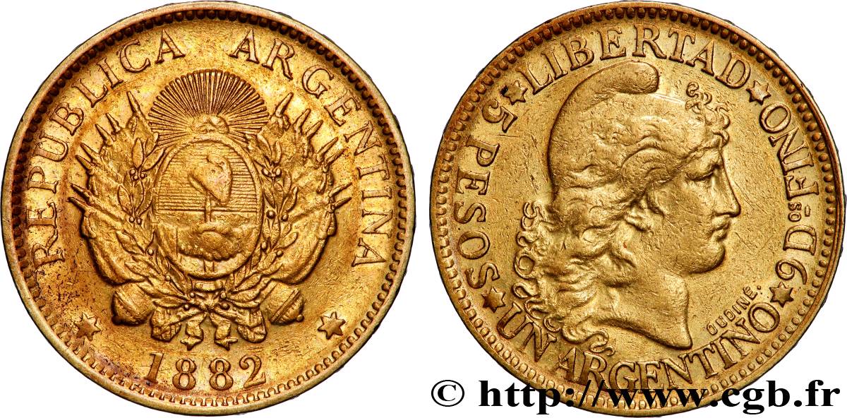ARGENTINE 1 Argentino (5 Pesos) emblème / Liberté 1882  TTB 