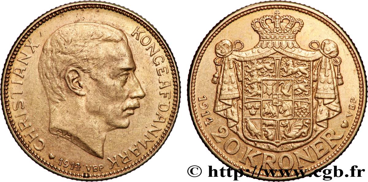 DANEMARK - ROYAUME DU DANEMARK - CHRISTIAN X 20 Kroner  1914 Copenhague TTB+ 