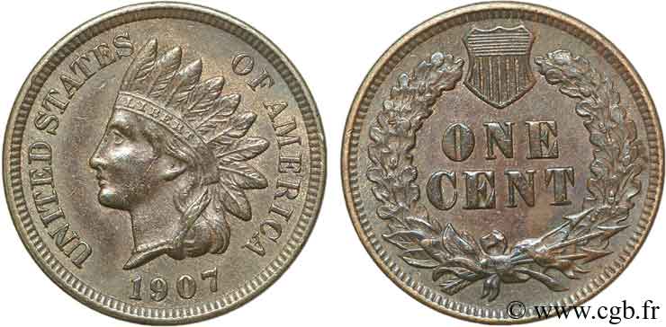 UNITED STATES OF AMERICA 1 Cent tête d’indien, 3e type 1907 Philadelphie AU 
