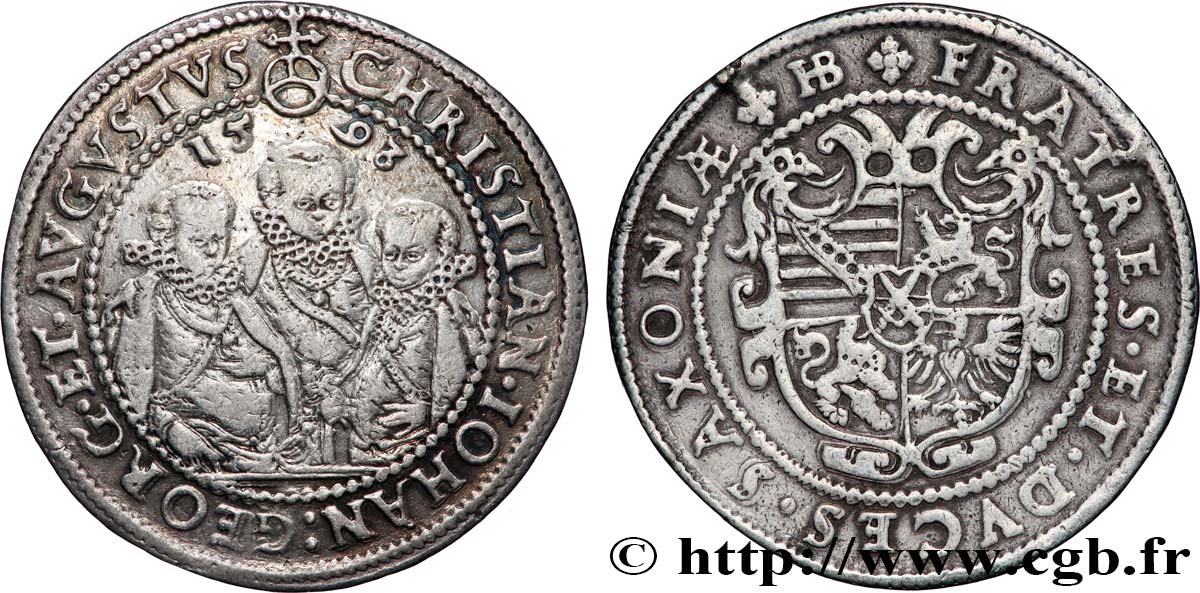 ALLEMAGNE - DUCHÉ DE SAXE - CHRISTIAN II, JEAN-GEORGES ET AUGUSTE 1/2 Thaler dit “des trois frères” 1593 Dresde TTB 