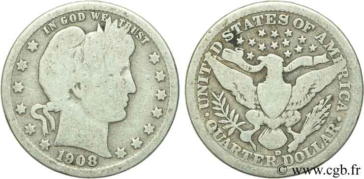 ÉTATS-UNIS D AMÉRIQUE 1/4 Dollar Barber 1908 Denver TB 