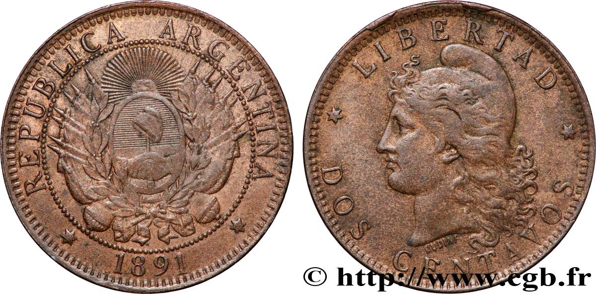 ARGENTINE 2 Centavos emblème / “Liberté” 1891  TTB 