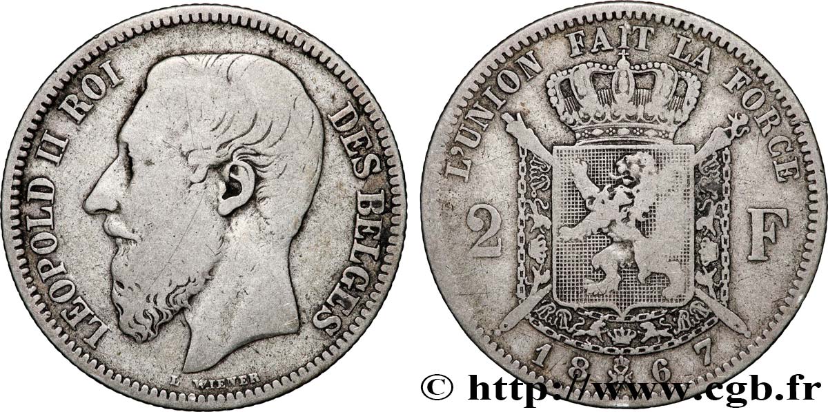 BELGIQUE 2 Francs Léopold II légende française 1867 Bruxelles TB+ 