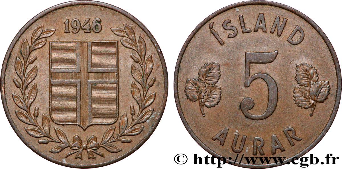 ISLANDE 5 Aurar blason 1946 Londres SUP 