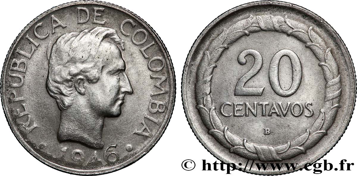 KOLUMBIEN 20 Centavos Simon Bolivar 1946 Bogota SS 