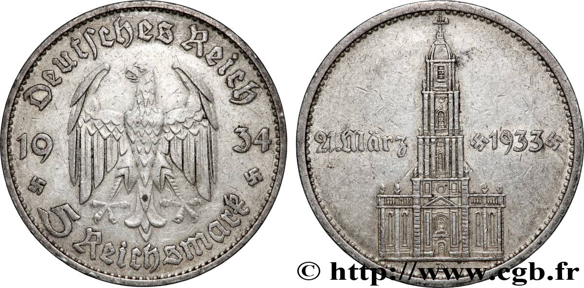 ALLEMAGNE 5 Reichsmark église de la garnison de Potsdam 1934 Munich TTB+ 