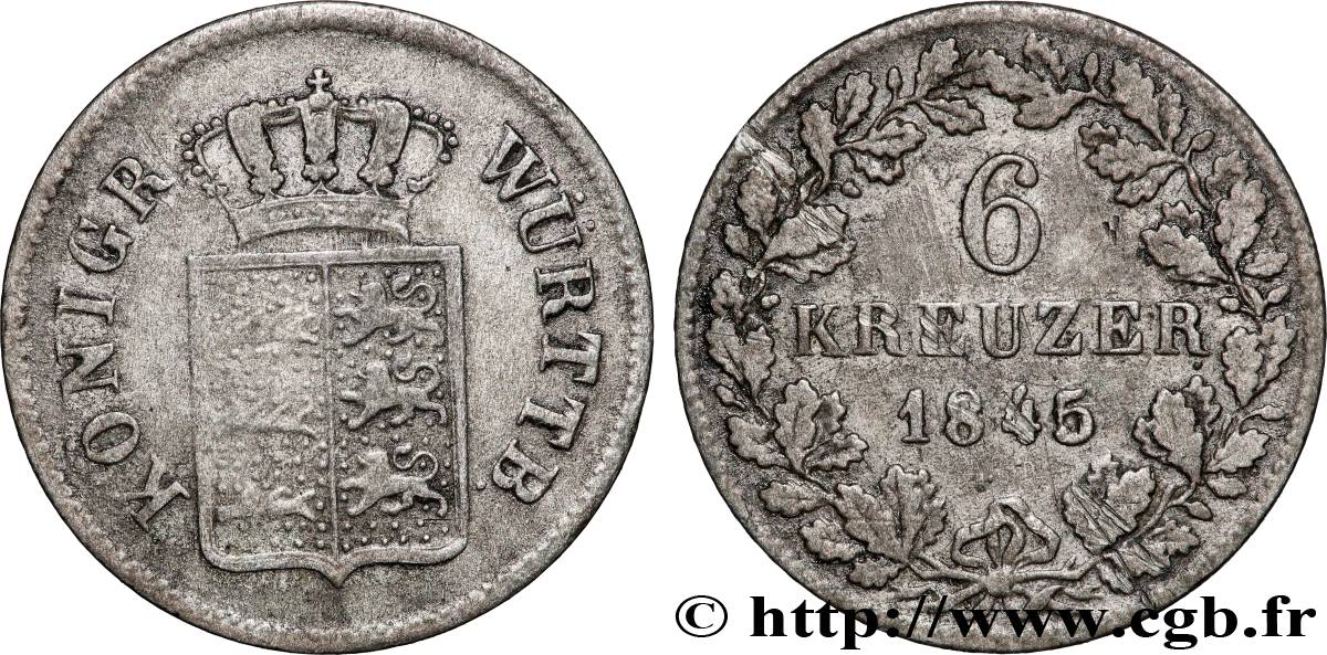 ALLEMAGNE - WURTEMBERG 6 Kreuzer 1845 Stuttgart TB+ 