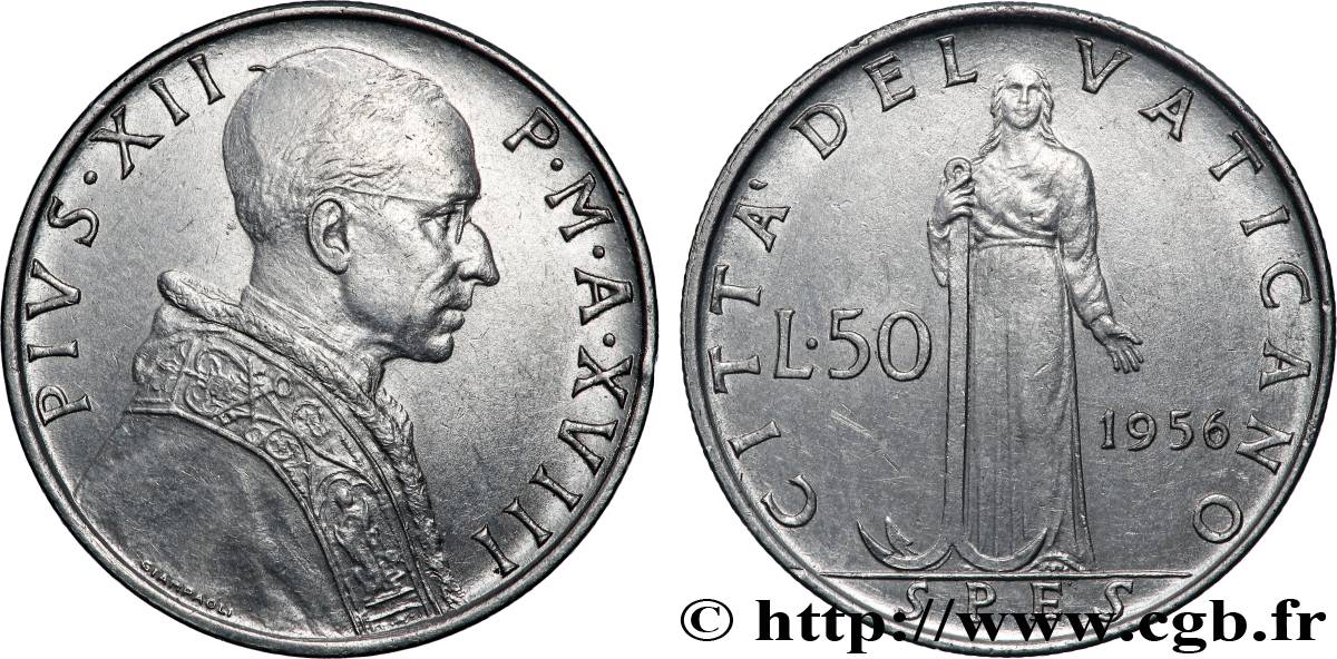 VATICAN ET ÉTATS PONTIFICAUX 50 Lire Pie XII an XVIII / Spes 1956 Rome - R TTB+ 
