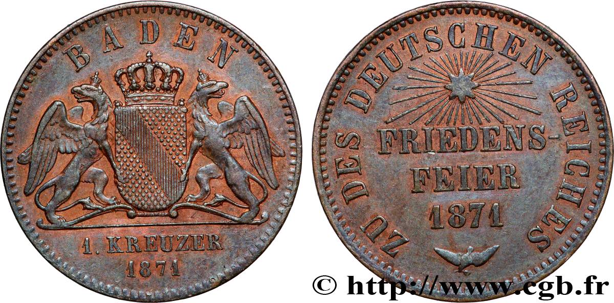 ALLEMAGNE - BADE 1 Kreuzer célébration de la paix (Friedensfeier) 1871 Karlsruhe TTB+ 