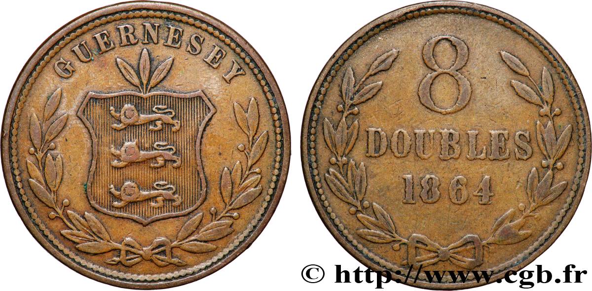 GUERNESEY 8 Doubles armes du baillage de Guernesey 1864 Heaton TB+ 