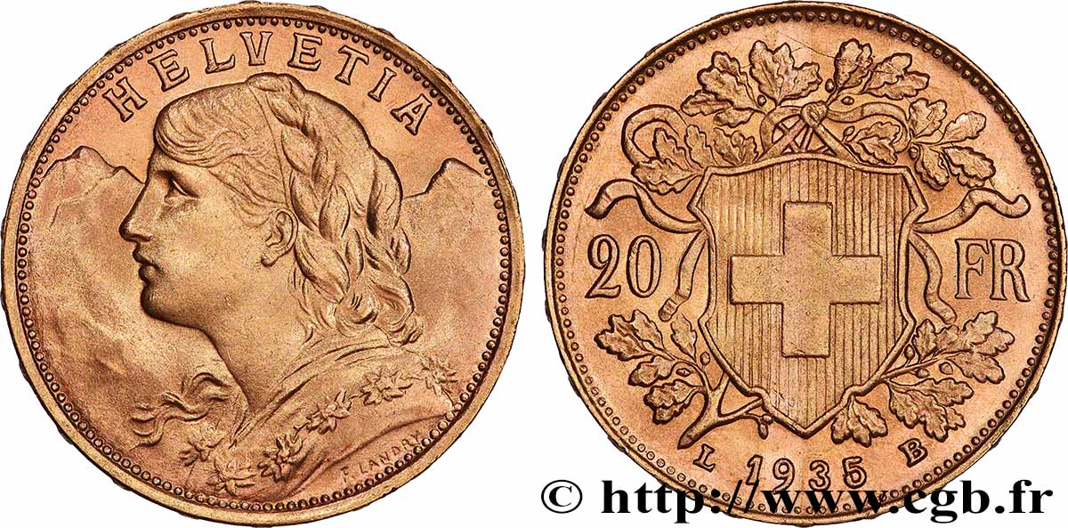 OR, PALLADIUM ET PLATINE INVESTISSEMENT 20 Francs &nbsp;Vreneli&nbsp; 1935 Berne SPL 