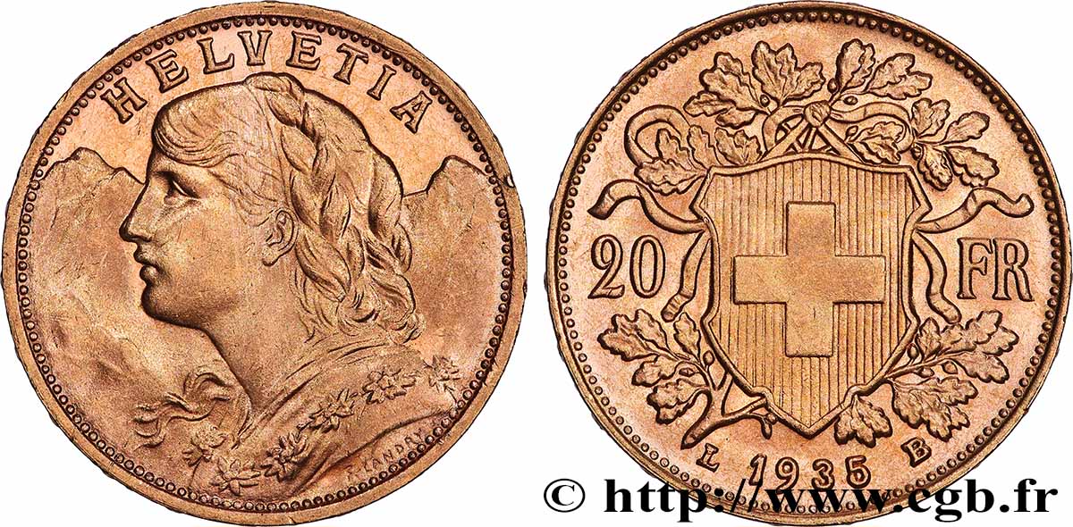 OR, PALLADIUM ET PLATINE INVESTISSEMENT 20 Francs &nbsp;Vreneli&nbsp; 1935 Berne SPL 