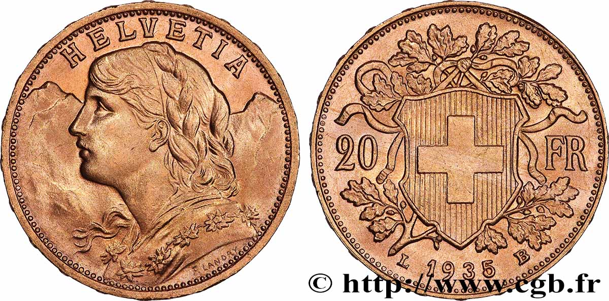 OR, PALLADIUM ET PLATINE INVESTISSEMENT 20 Francs &nbsp;Vreneli&nbsp; 1935 Berne SPL 