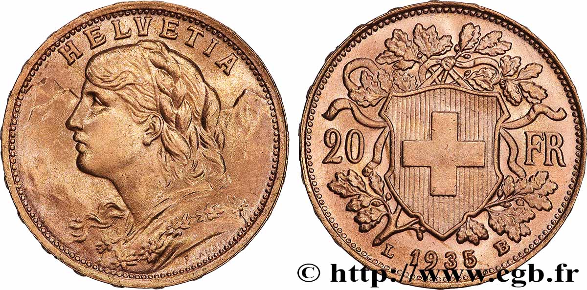 OR, PALLADIUM ET PLATINE INVESTISSEMENT 20 Francs &nbsp;Vreneli&nbsp; 1935 Berne SPL 