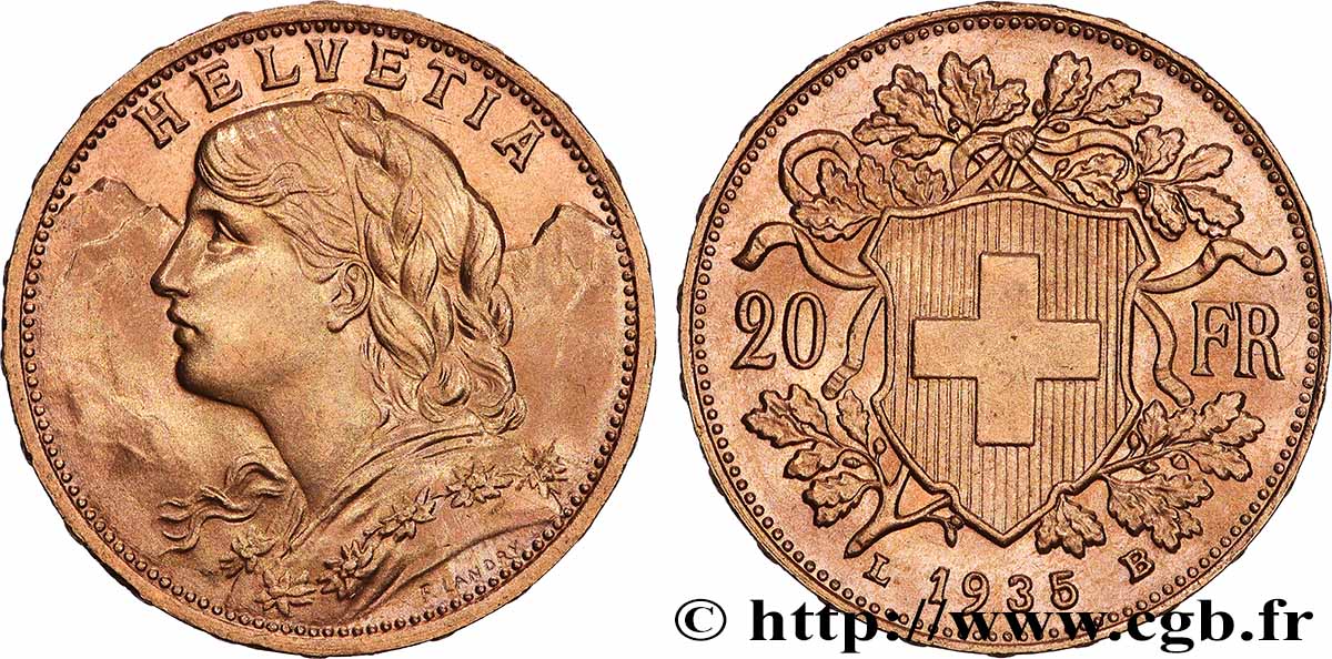 OR, PALLADIUM ET PLATINE INVESTISSEMENT 20 Francs &nbsp;Vreneli&nbsp; 1935 Berne SPL 