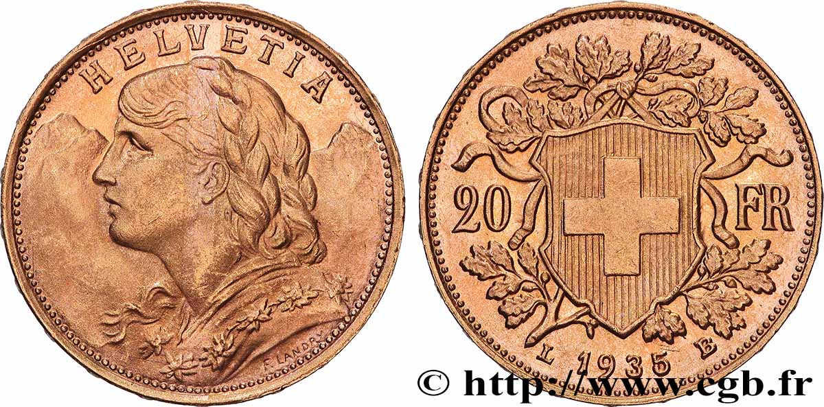 OR, PALLADIUM ET PLATINE INVESTISSEMENT 20 Francs &nbsp;Vreneli&nbsp; 1935 Berne SPL 