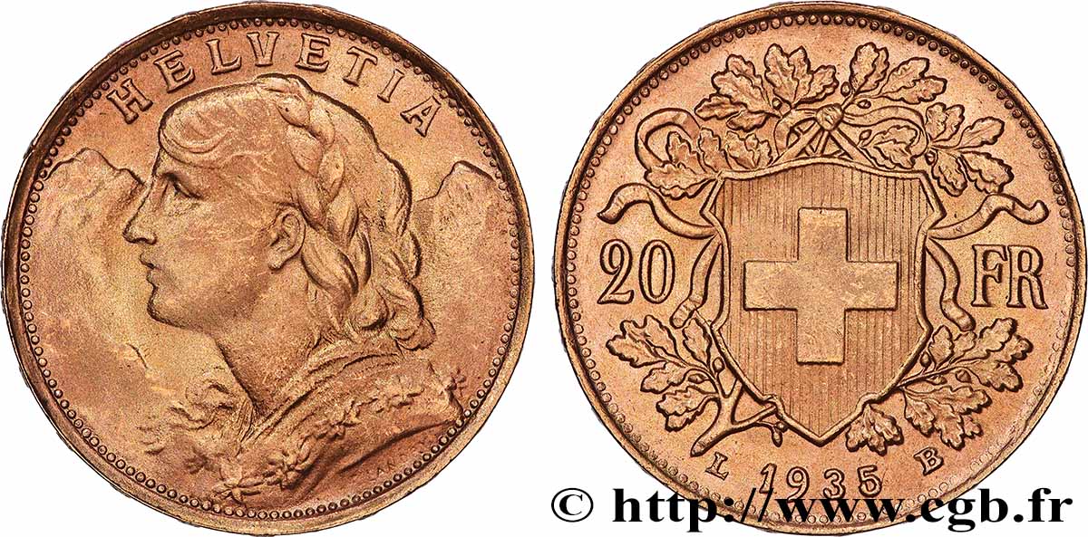 OR, PALLADIUM ET PLATINE INVESTISSEMENT 20 Francs &nbsp;Vreneli&nbsp; 1935 Berne SUP 