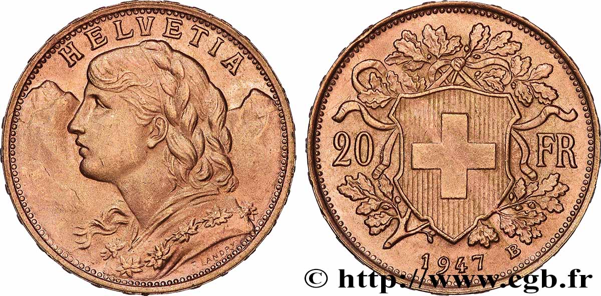 OR, PALLADIUM ET PLATINE INVESTISSEMENT 20 Francs or &nbsp;Vreneli&nbsp; 1947 Berne SUP 