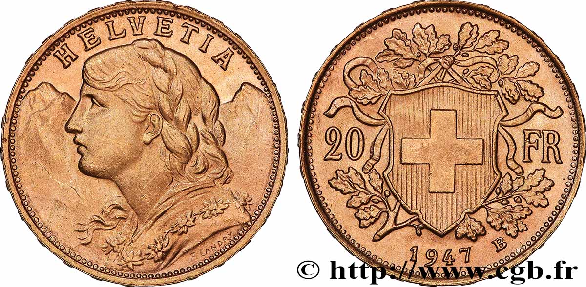 OR, PALLADIUM ET PLATINE INVESTISSEMENT 20 Francs or &nbsp;Vreneli&nbsp; 1947 Berne SUP 