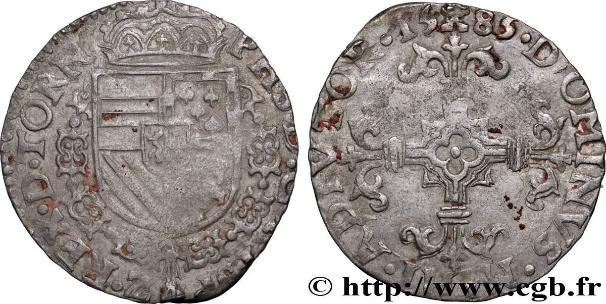 PAYS-BAS ESPAGNOLS - COMTÉ DE HAINAUT - PHILIPPE II D&nbsp;ESPAGNE Vingtième d’écu  1585 Tournai TB+ 