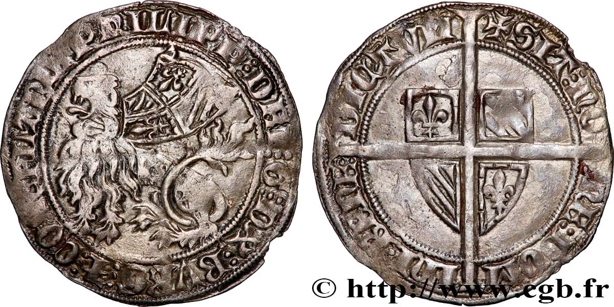 FLANDRE - COMTÉ DE FLANDRE - PHILIPPE LE HARDI Plaque, double gros botdraeger, ou à la mante, ou à la bannière n.d.  q.BB 