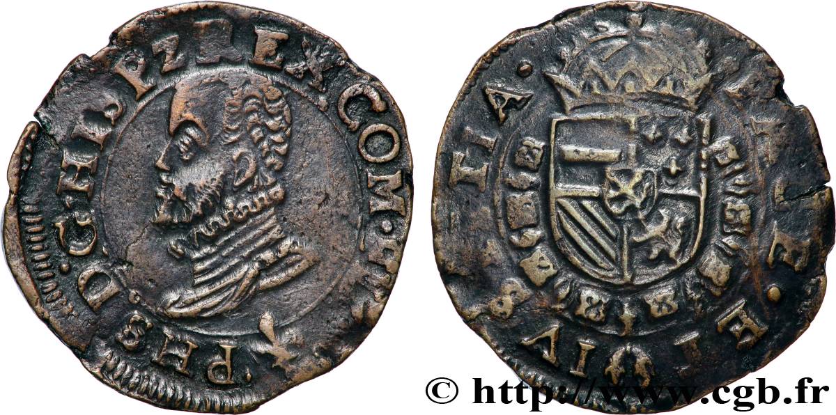 PAYS-BAS ESPAGNOLS - COMTÉ DE FLANDRE - PHILIPPE II D&nbsp;ESPAGNE 1 Liard &nbsp;Statenoord&nbsp; États en révolte n.d. Bruges SS 