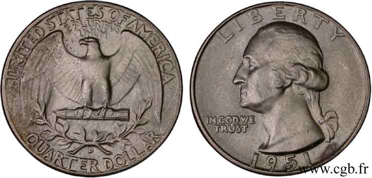 UNITED STATES OF AMERICA 1/4 Dollar Georges Washington 1951 Denver MS 