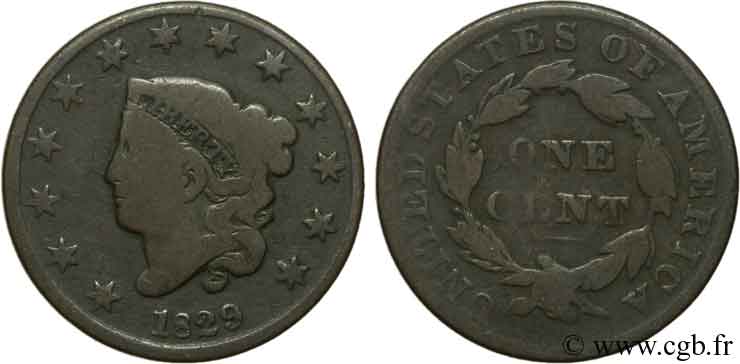 VEREINIGTE STAATEN VON AMERIKA 1 Cent Liberté tête “Coronet” 1829 Philadelphie S 