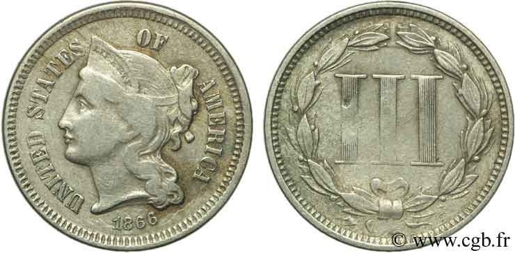 ÉTATS-UNIS D AMÉRIQUE 3 Cents 1866 Philadelphie TTB 